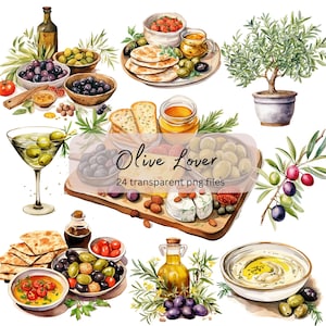 Olives Aquarelle Clipart Bundle, Transparent PNG, Téléchargement numérique, Aquarelle Food Clipart, Fabrication de cartes, Junk Journal, Utilisation commerciale