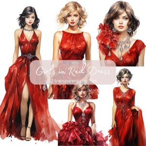 Glamour Girl vestido rojo acuarela clipart paquete, PNG transparente, descarga digital, fabricación de tarjetas hermosa mujer dama, ilustración de moda