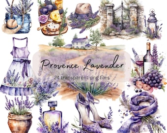 Pacote de clipart aquarela lavanda de Provence, PNG transparente, clipart de vida de férias, download instantâneo, álbum de recortes, diário indesejado, uso comercial