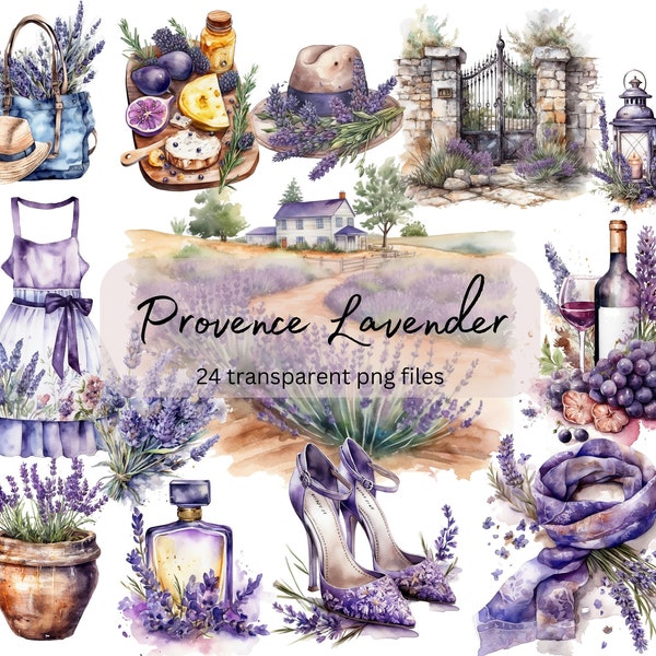 Provence Lavendel Aquarell Clipart Bundle, transparentes PNG, Urlaub Leben Clipart, Sofortiger Download, Scrapbook, Junk Journal, kommerzielle Nutzung