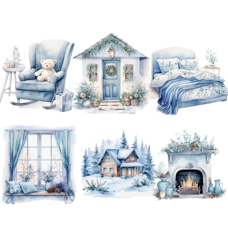 Pode incluir: Ilustra&ccedil;&atilde;o em aquarela de uma cena aconchegante de inverno com uma cadeira de balan&ccedil;o azul, uma pequena casa com uma porta azul, uma cama com roupa de cama azul, uma janela com cortinas azuis, uma cabana em uma floresta nevada e uma lareira com fogo.