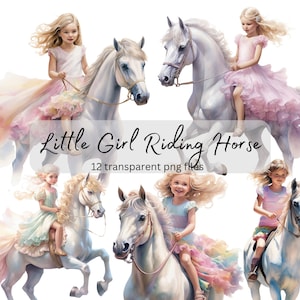 Kleines Mädchen Reiten Pferd Aquarell Clipart, transparentes PNG, digitaler Download, Karte machen, süße Mädchen Clipart Illustration, kommerzielle Nutzung