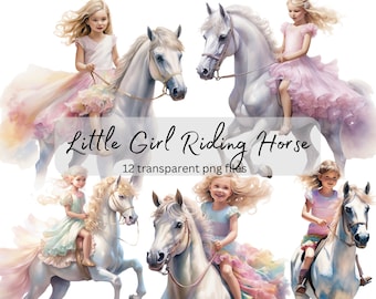 Little Girl Riding Horse Watercolor Clipart , Transparent PNG, Digital Download, Card Making, Cute girl clipart Illustration, Commercial Use