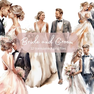 Wedding Couple Watercolor Clipart Bundle, Junk Journal Bride Groom ,Transparent PNG, Romantic clipart, Digital Download, Commercial Use