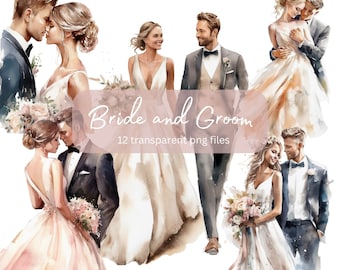 May include: A set of 12 watercolor illustrations of brides and grooms in various poses. The illustrations are in a romantic style and feature soft colors and delicate details. The illustrations are perfect for use in wedding invitations, save-the-dates, and other wedding stationery.