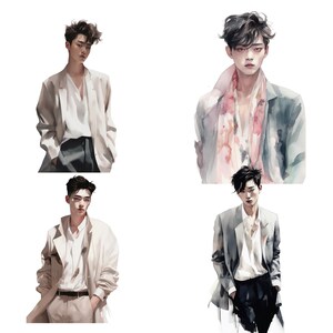 May include: Four watercolor paintings of a person wearing different outfits. The person in the top left is wearing a white shirt and a beige blazer. The person in the top right is wearing a white shirt, a pink scarf, and a gray blazer. The person in the bottom left is wearing a white shirt and a beige blazer. The person in the bottom right is wearing a white shirt and a gray blazer.