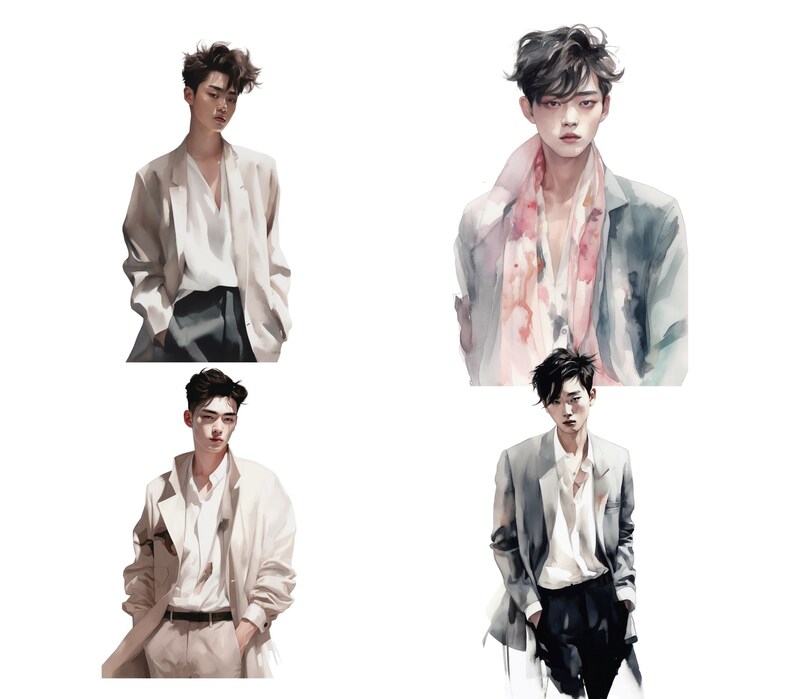May include: Four watercolor paintings of a person wearing different outfits. The person in the top left is wearing a white shirt and a beige blazer. The person in the top right is wearing a white shirt, a pink scarf, and a gray blazer. The person in the bottom left is wearing a white shirt and a beige blazer. The person in the bottom right is wearing a white shirt and a gray blazer.