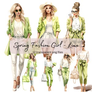 Bundle de cliparts aquarelle filles mode printemps, PNG Transparent, téléchargement numérique, fabrication de cartes belle femme dame, illustration modèle fille