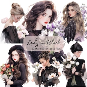 Lady in Black Watercolor Clipart Bundle, Transparent PNG, Digital Download, Card Making flower girl Illustration, Junk Journal, Scrapbooking