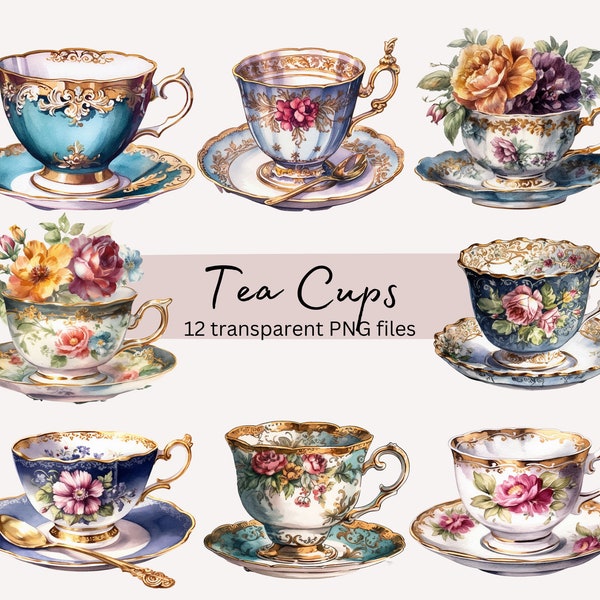 Vintage Tea Cup Watercolor Clipart Bundle, Transparent PNG, Digital Download, Home Decoration Card Making, Junk Journaling, Commercial Use