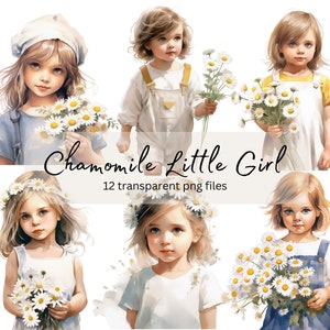 Kleine meisje kamille aquarel clipart, transparante PNG, digitale download, kaart maken, schattig meisje clipart illustratie, commercieel gebruik