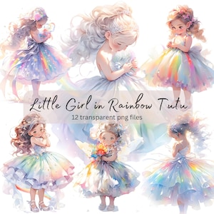 Menina com vestido de tutu arco-íris clipart aquarela, PNG transparente, download digital, confecção de cartões, ilustração de linda garota, uso comercial