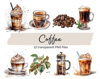Coffee Clipart Bundle, Transparent PNG, Coffee lover, Digital Download, Watercolor Food Clipart, Card Making, Junk Journal, Commercial Use
