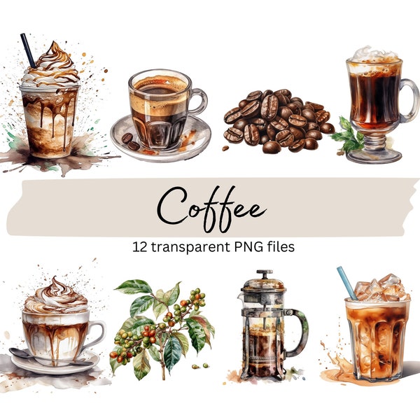 Coffee Clipart Bundle, Transparent PNG, Coffee lover, Digital Download, Watercolor Food Clipart, Card Making, Junk Journal, Commercial Use