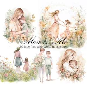 Paquete de imágenes prediseñadas de acuarela de mamá y yo, JPEG de alta resolución, descarga digital, creación de tarjetas, imágenes prediseñadas del Día de la Madre, Amor de la Madre, Uso comercial