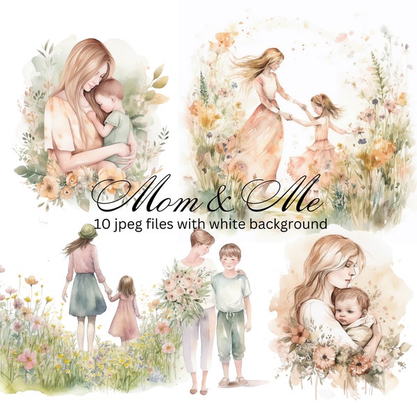 Mom and Me Watercolor Clipart Bundle, High Res JPEGs, Digital Download, Card Making, Mother's Day Clipart, Mother's Love, Commercial Use