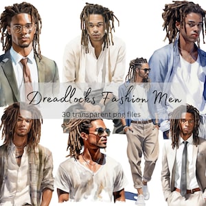 May include: Watercolor illustrations of men with dreadlocks in various outfits. The images include men in suits, casual shirts, and sunglasses. The text "Dreadlocks Fashion Men" and "30 transparent PNG files" is also visible.