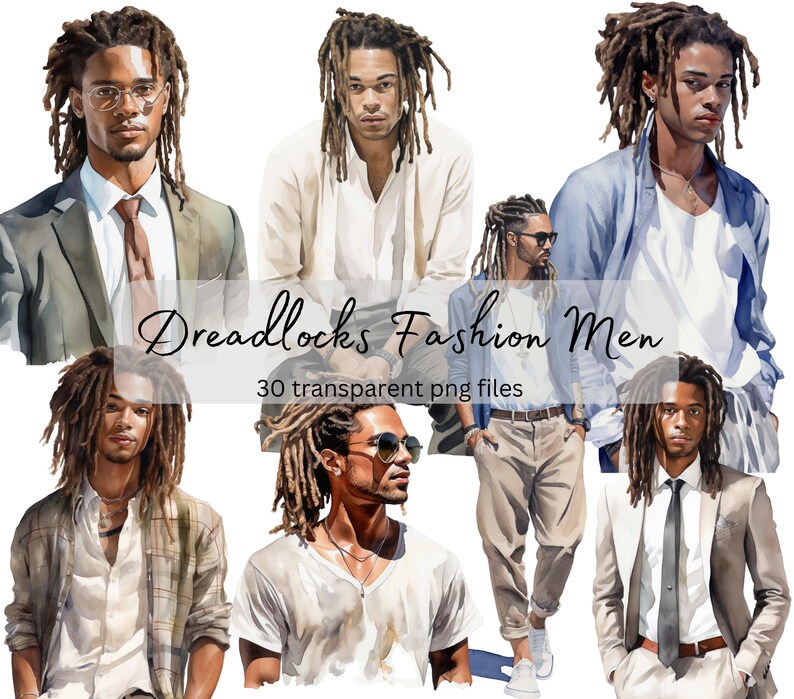 May include: Watercolor illustrations of men with dreadlocks in various outfits. The images include men in suits, casual shirts, and sunglasses. The text "Dreadlocks Fashion Men" and "30 transparent PNG files" is also visible.