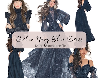Fashion Girl in Navy Blue Dress Watercolor Clipart, Transparent PNG, Digital Download, Card Making Girl Fashion Illustration, Scrapbooking