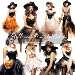 Halloween Pin Up Girls Acquerello Clipart Bundle, PNG trasparente, Bella ragazza vintage, Mestiere di carta, Junk Journal Scrapbooking, Uso commerciale