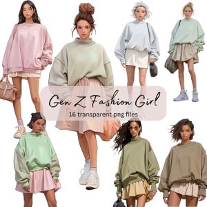 Paquete de imágenes prediseñadas de acuarela para niñas de moda Gen Z, imágenes prediseñadas para adolescentes, PNG transparente, descarga digital, fabricación de tarjetas, ilustración de modelos