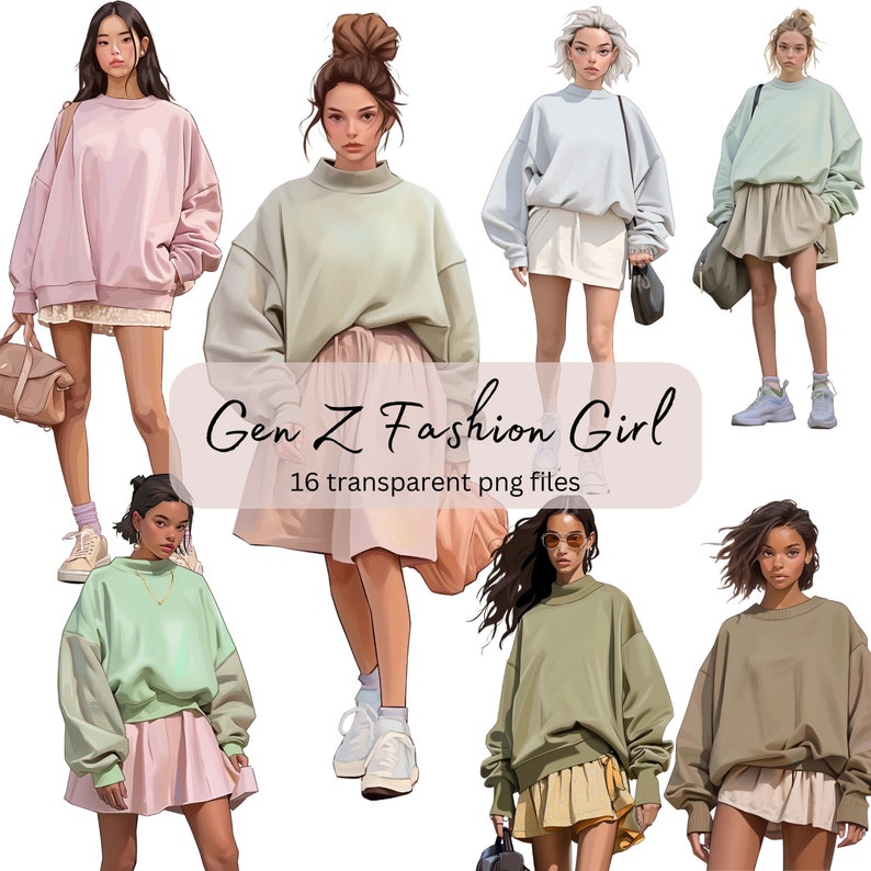 May include: A digital illustration of 5 young people wearing different styles of clothing. The illustration is set against a white background. The text "Gen Z Fashion Girl" and "16 transparent png files" is included in the image.
