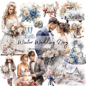 Winter Wedding Day Clipart Bundle Watercolor, Transparent PNG, Bride Groom Clipart,Digital Download,Scrapbooking Junk Journal,Commercial Use
