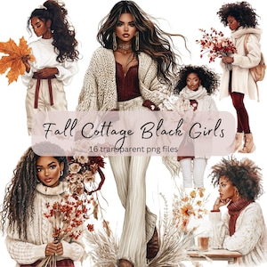 Herfst Cottage Black Girls aquarel clipartbundel, transparante png, digitale download, kaarten maken mooie vrouw dame, gezellige cottagecore