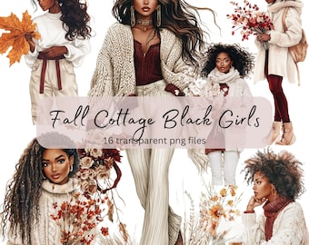 Fall Cottage Black Girls Watercolor Clipart Bundle, Transparent PNG, Digital Download, Card Making Beautiful Woman Lady, Cozy Cottagecore