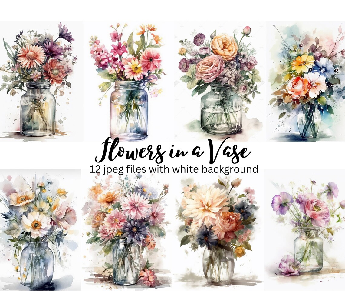 Flowers in Vase Watercolor Clipart Bundle, High Resolution Jpegs ...