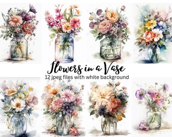 Bloemen in vaas aquarel clipart bundel, hoge resolutie JPEG's, digitale download, kaart maken, bloemen clipart, kunst aan de muur, commercieel gebruik