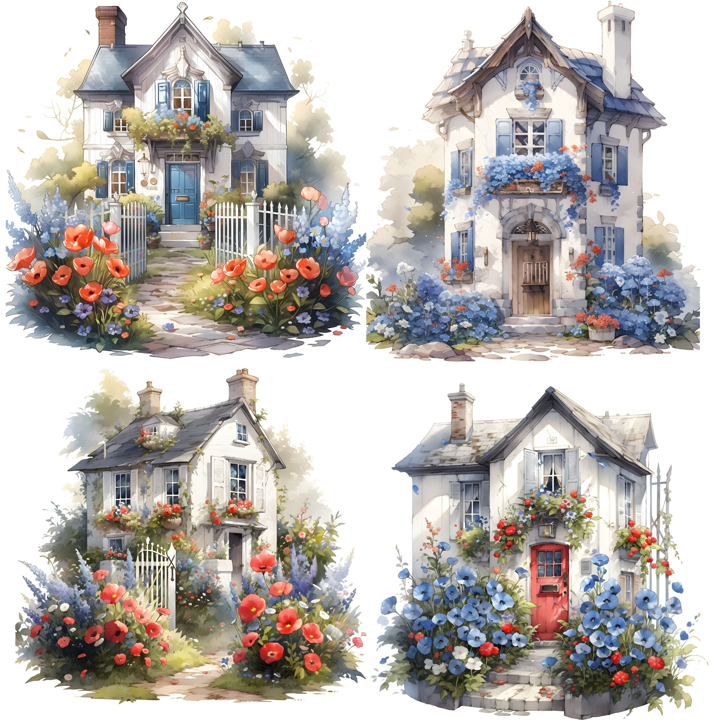 Blue Cottage House Watercolor Clipart Bundle, Transparent PNG Landscape ...