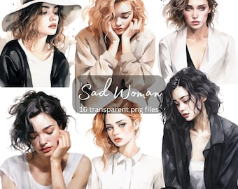 Sad Woman Watercolor Clipart Bundle, Transparent PNG, Digital Download, People Fashion Card Making Scrapbook Junk Journal Commercial Use
