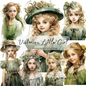 Victorian Vintage Little Girl Watercolor Clipart Bundle, Transparent PNG, Digital Download,Card Making Scrapbook Junk Journal Commercial Use