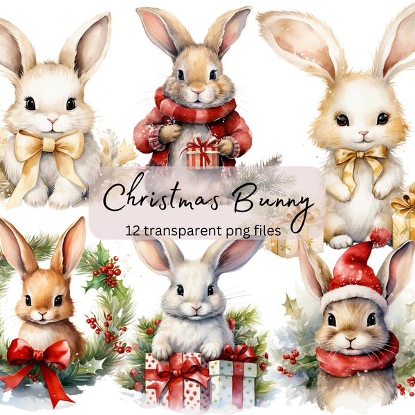 Christmas Bunny Rabbit Watercolor Clipart Bundle, transparent PNG, Cute Animals Clipart, Sublimation, Paper craft, Junk Journal Scrapbooking