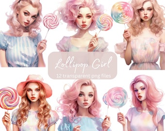 Lollipop Girls Watercolor Clipart Bundle, Transparent PNG, Digital Download, Junk Journal Scrapbooking, Fashion illustration, Commercial Use
