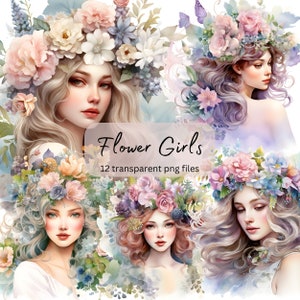 Flower Girl Watercolor Clipart, transparent PNG,Pretty Girls Clipart, Fantasy illustration,Paper craft,Junk Journal Scrapbooking,Card Making