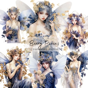 Puede incluir: Doce ilustraciones digitales de hadas con alas, que llevan vestidos azules y coronas de flores. Cada hada está rodeada de bayas y enredaderas. El texto "Berry Pixies" y "12 archivos png transparentes" está en la parte inferior de la imagen.
