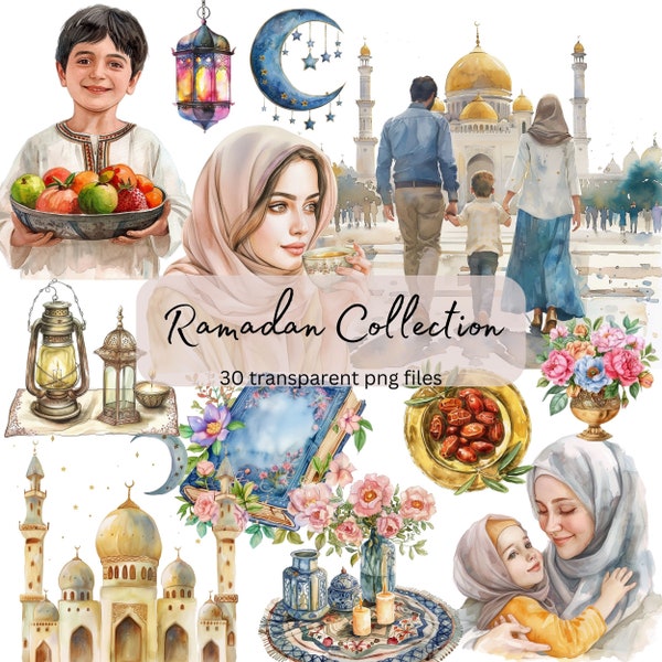 Ramadan Watercolor Clipart Bundle, Transparent PNG, Digital Download, Card Making, Junk Journal Scrapbooking, Paper Craft, Commercial Use