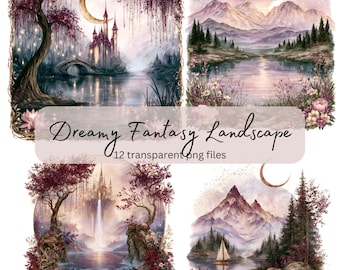 Dreamy Fantasy Landscape Watercolor Clipart Bundle, Transparent PNG, Instant Download, Scrapbook, Card making, Junk Journal, Commercial Use