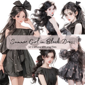 Summer Girl in Black Dress Clipart Bundle, Transparent PNG, Digital Download, Card Making Woman, Anime Fashion Illustration, Commercial Use