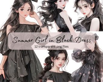 Summer Girl in Black Dress Clipart Bundle, Transparent PNG, Digital Download, Card Making Woman, Anime Fashion Illustration, Commercial Use