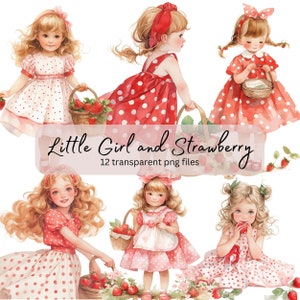 Kleines Mädchen und Erdbeere Aquarell Clipart Bundle, Sommer Kinder, transparente PNG, digitaler Download, Kartenherstellung, Papierdruck, kommerzielle Nutzung