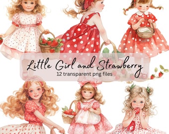 Little Girl and Strawberry Watercolor Clipart Bundle, Summer Kids, Transparent PNG, Digital Download, Card Making, Papercraft,Commercial Use