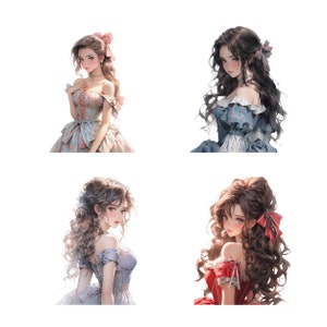 May include: Four digital illustrations of women with long, curly hair wearing different dresses. The women are all smiling and looking at the viewer. The dresses are in various colors and styles.