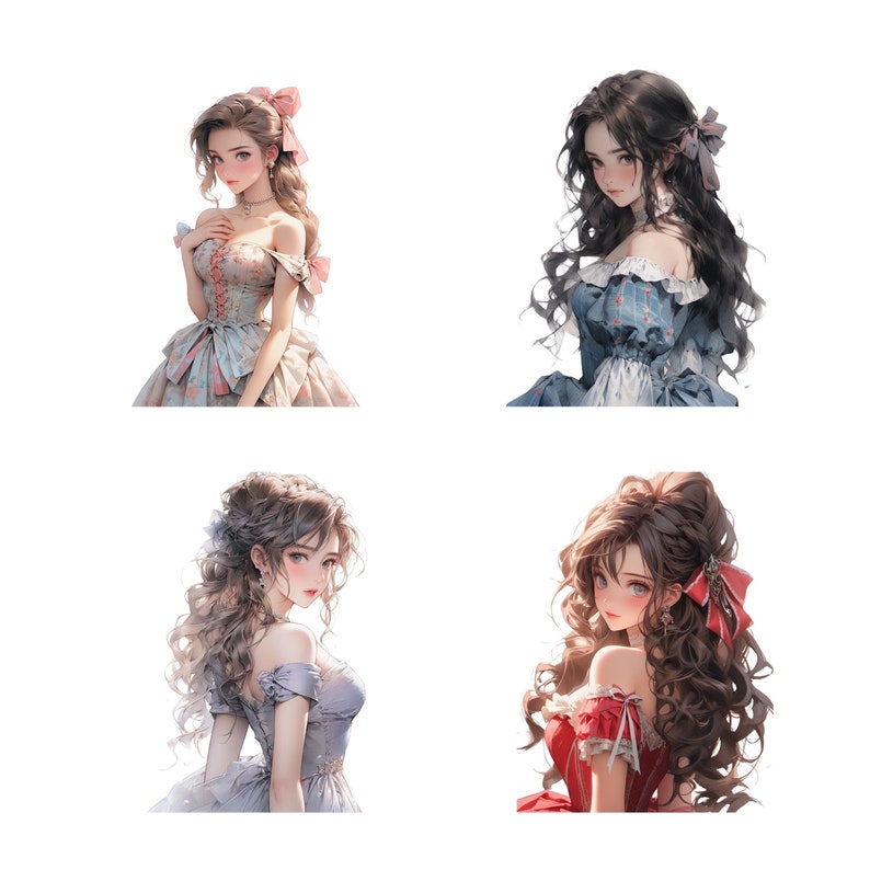 May include: Four digital illustrations of women with long, curly hair wearing different dresses. The women are all smiling and looking at the viewer. The dresses are in various colors and styles.