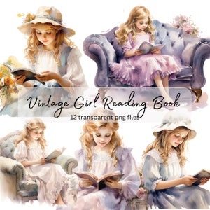 Vintage Little Girl Reading Aquarel Clipart Bundel, transparante PNG, Clipart studeren, Book Lover, Paper craft, Junk Journal Scrapbooking