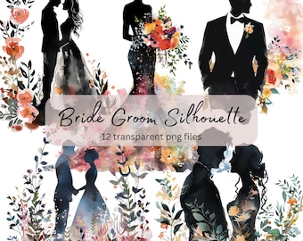 Paquete de imágenes prediseñadas de acuarela de silueta de novio de novia, fabricación de tarjetas de boda, PNG transparente, pareja romántica, descarga digital, uso comercial