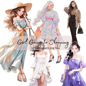 Pacchetto di clipart dell'acquerello delle ragazze dello shopping di moda, PNG trasparente, download digitale, creazione di cartoline bella donna signora, illustrazione del modello