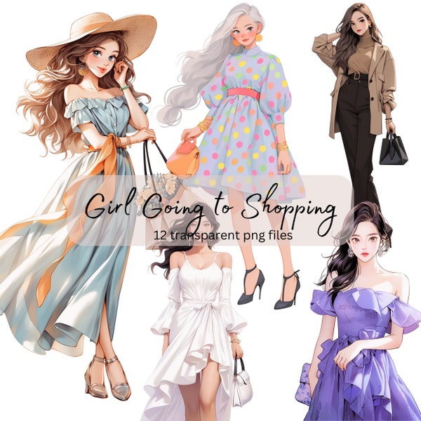 Fashion Shopping Girls Watercolor Clipart Bundle, Transparent PNG, Digital Download, Card Making Beautiful Woman Lady, Model Illustration